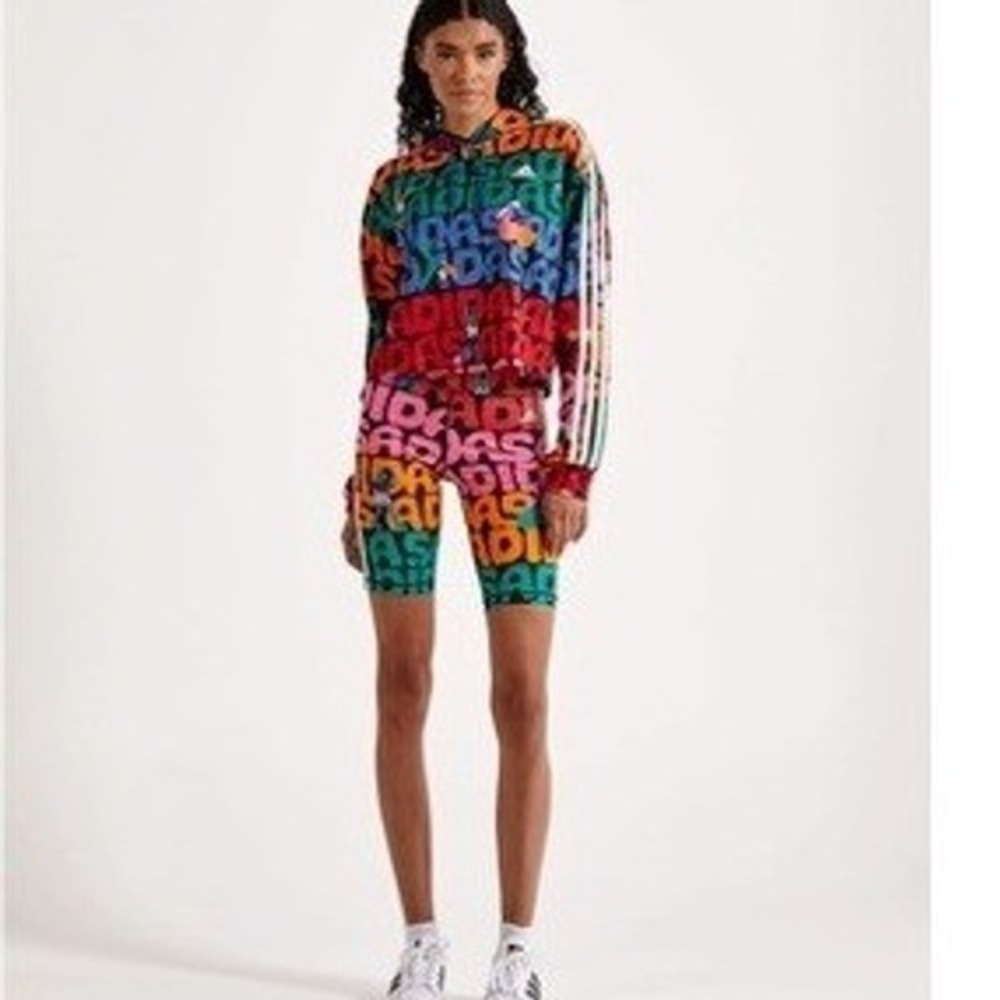 Adidas x Farm Rio 3-Stripes Cropped Hoodie and Biker Shorts Set L/XL Sporty